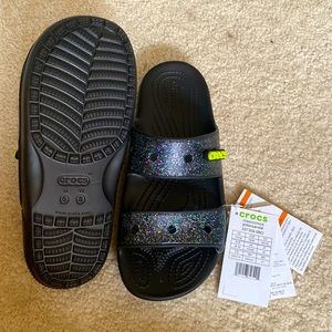 Slides color is black sparkle with 2 bands for secure comfort. Never worn.